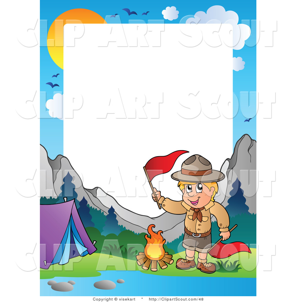 Clipart of a Boy Scout Camping in the Wilderness Border by