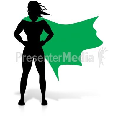A silhouette image of a female superhero with cape that you