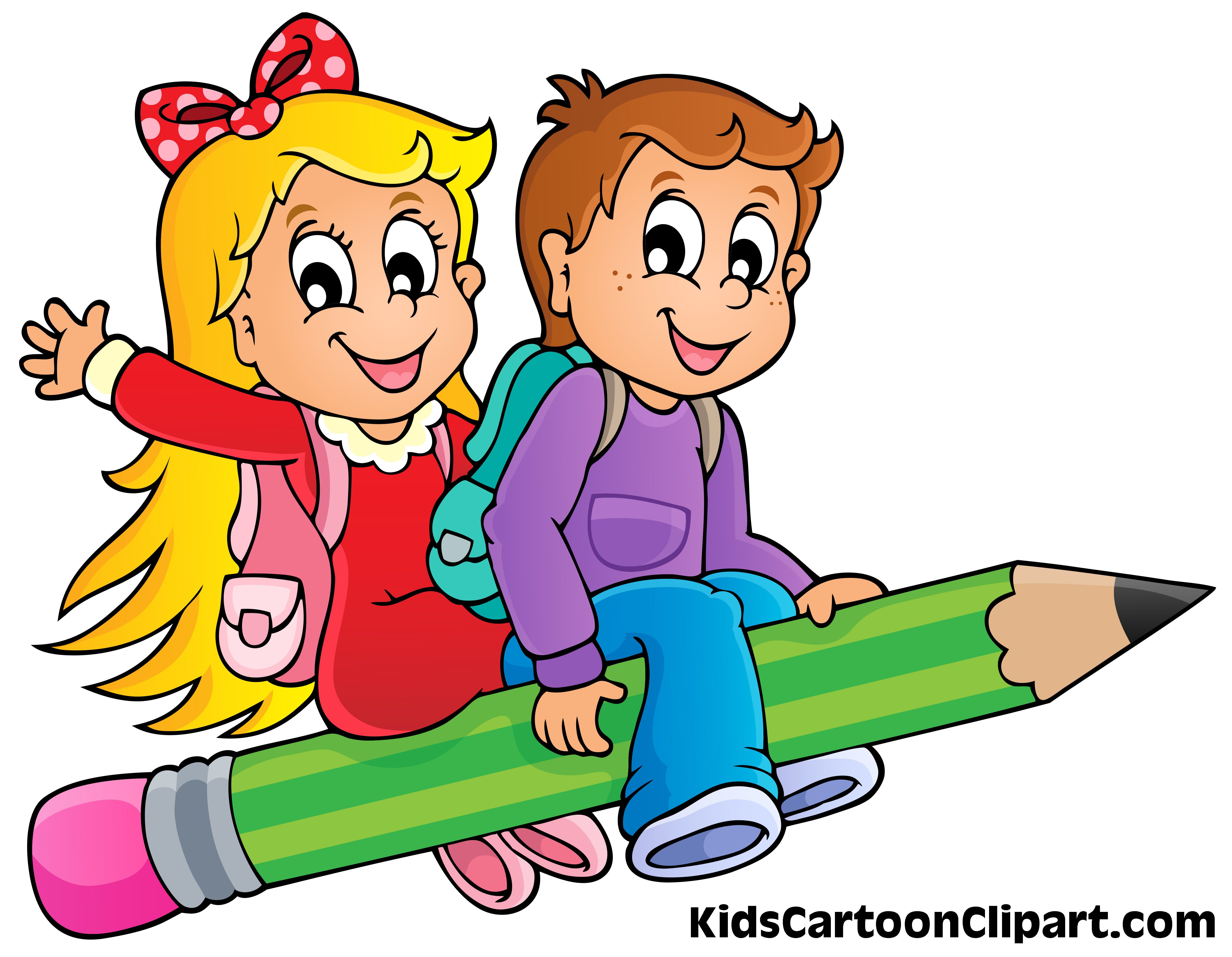 A Cute Boy and Girl Cartoon Flying on Pencil with School Bag