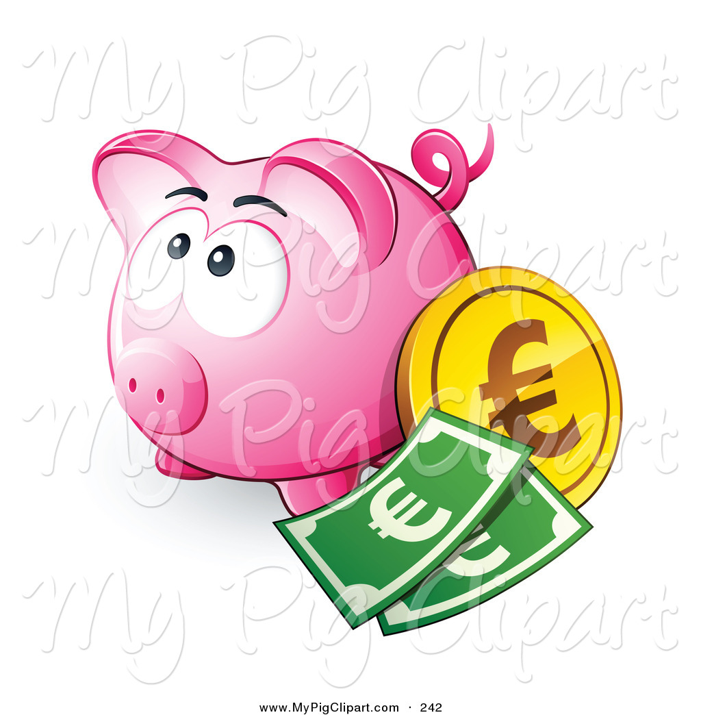 Swine Clipart of a Cute Pink Piggy Bank with Cash and a Euro
