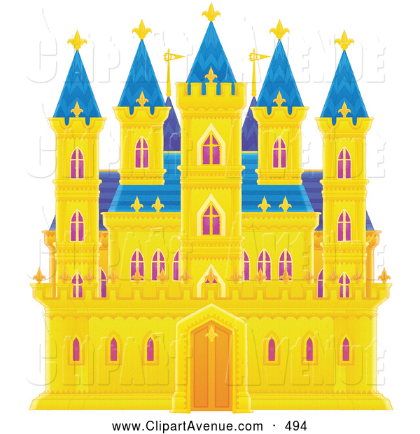 Avenue Clipart of a Gold Castle with Purple Drapes in the