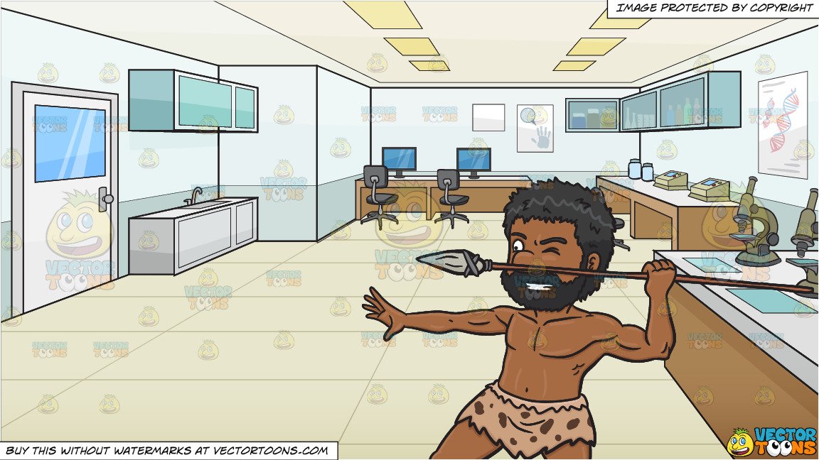 A Black Caveman Aggressively Holds Up A Stone Spear and A Crime Lab  Background