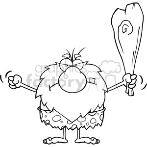 Black and white grumpy male caveman cartoon mascot character holding up a  fist and a club vector illustration clipart