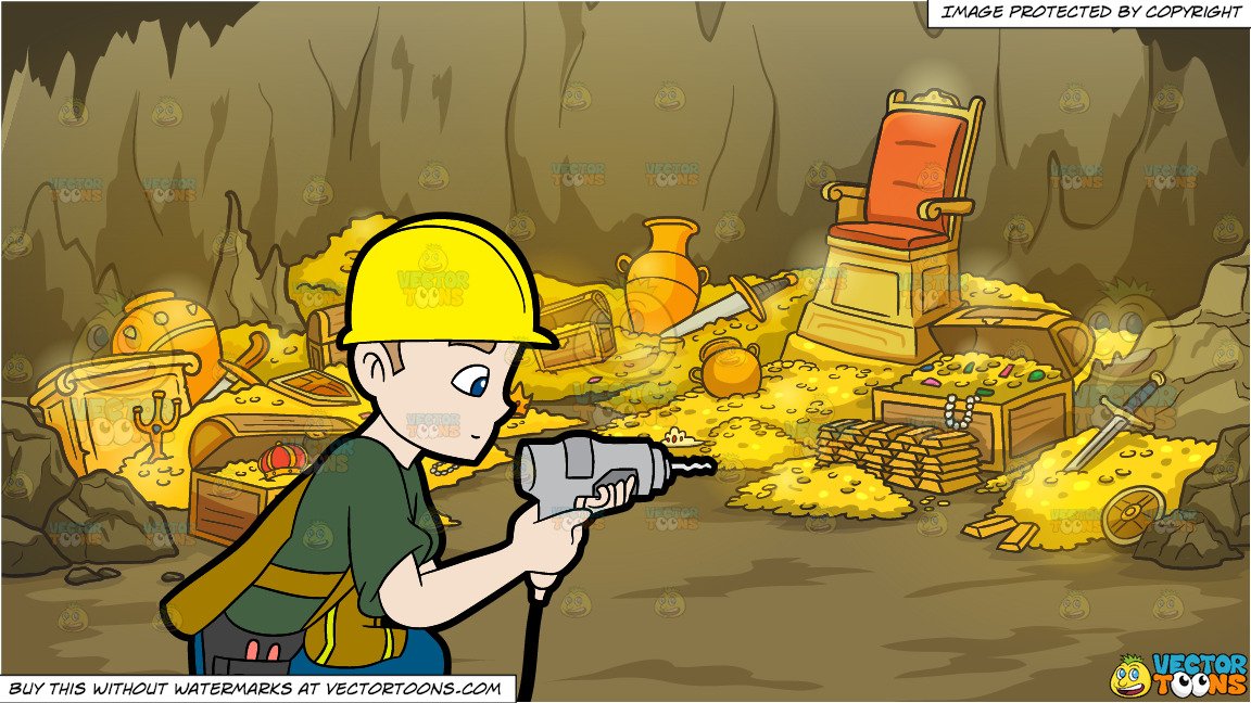 A Construction Worker Drilling A Hole In The Wall and Treasure Cave  Background
