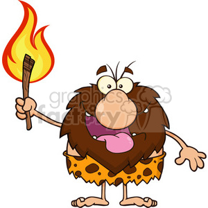 Smiling male caveman cartoon mascot character holding up a fiery torch  vector illustration clipart