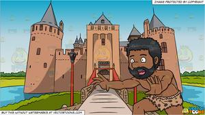 A Black Caveman Running Away From Something and Entrance To A Castle  Background