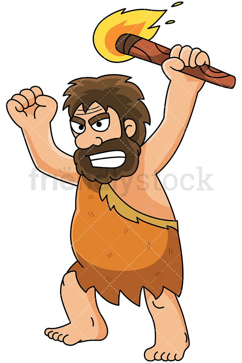 Angry Caveman Holding Fire Torch