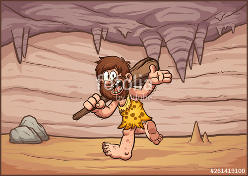 Cartoon caveman walking in a cave interior background clip