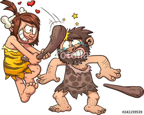 Cavewoman in love, hitting caveman in the head with a wooden