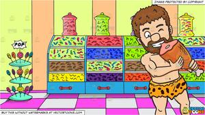 A Caveman Hungrily Bites On His Huge Meal and Inside A Candy Store  Background
