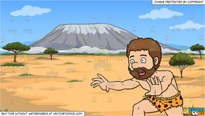 A Caveman Running Away From Something and A Small Mountain In The Middle Of  A Desert Background