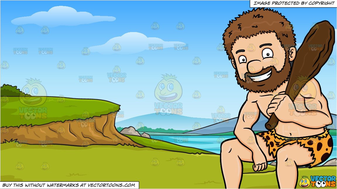 A Caveman Charmingly Poses While Sitting Down and View Of A Mountain Range  From A Lakeside Background