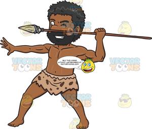 A Black Caveman Aggressively Holds Up A Stone Spear