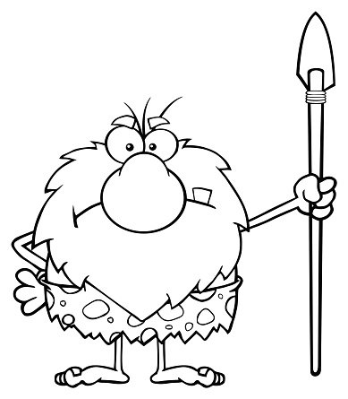 Black and White Angry Caveman Holding A Spear Clipart Image