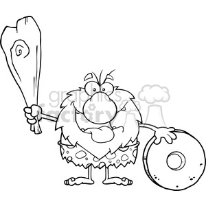 Black and white happy male caveman cartoon mascot character holding a club  and showing whell vector illustration clipart