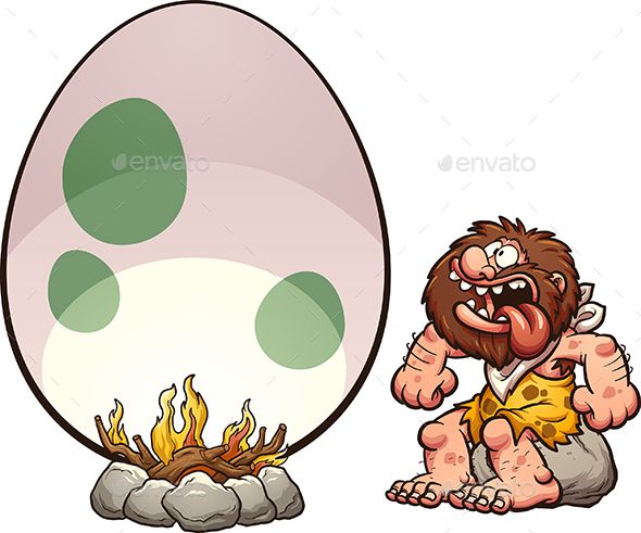Hungry cartoon caveman cooking a giant egg