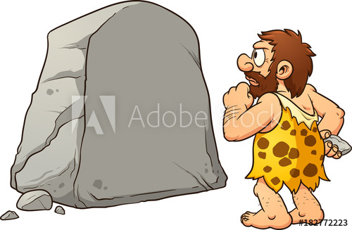 Caveman looking at a large rock and thinking