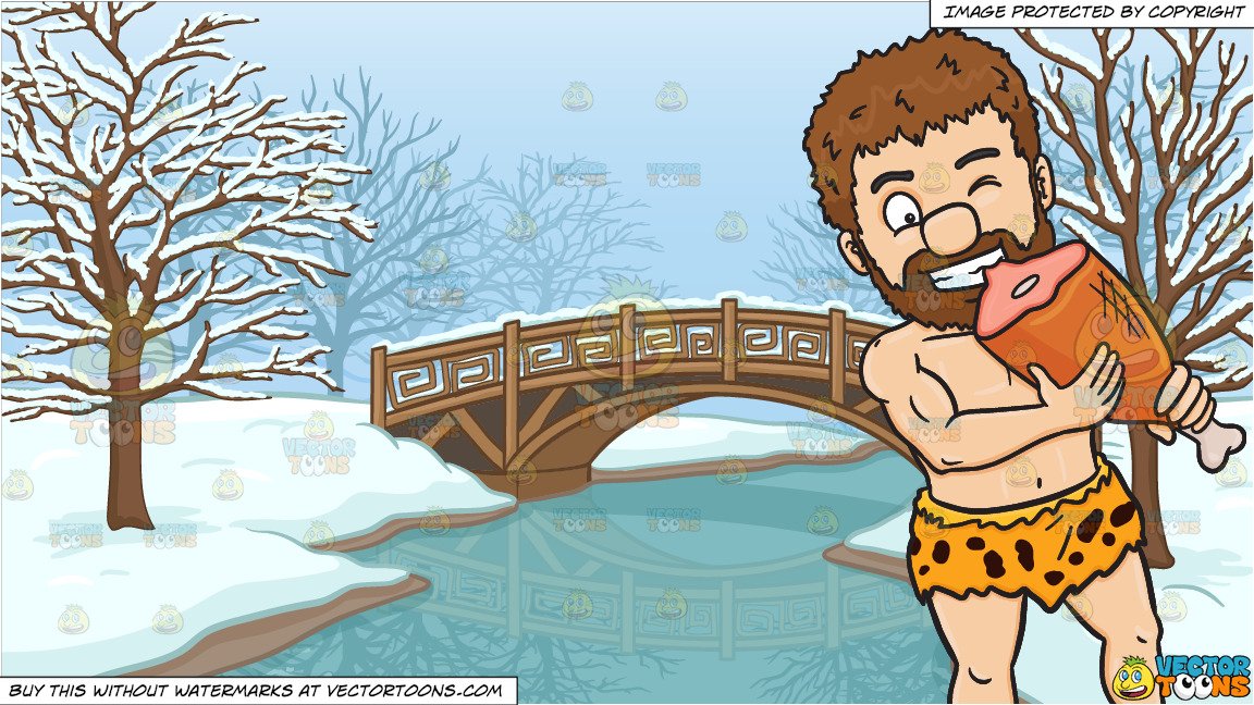 A Caveman Hungrily Bites On His Huge Meal and A Bridge Over A Frozen Stream  Background