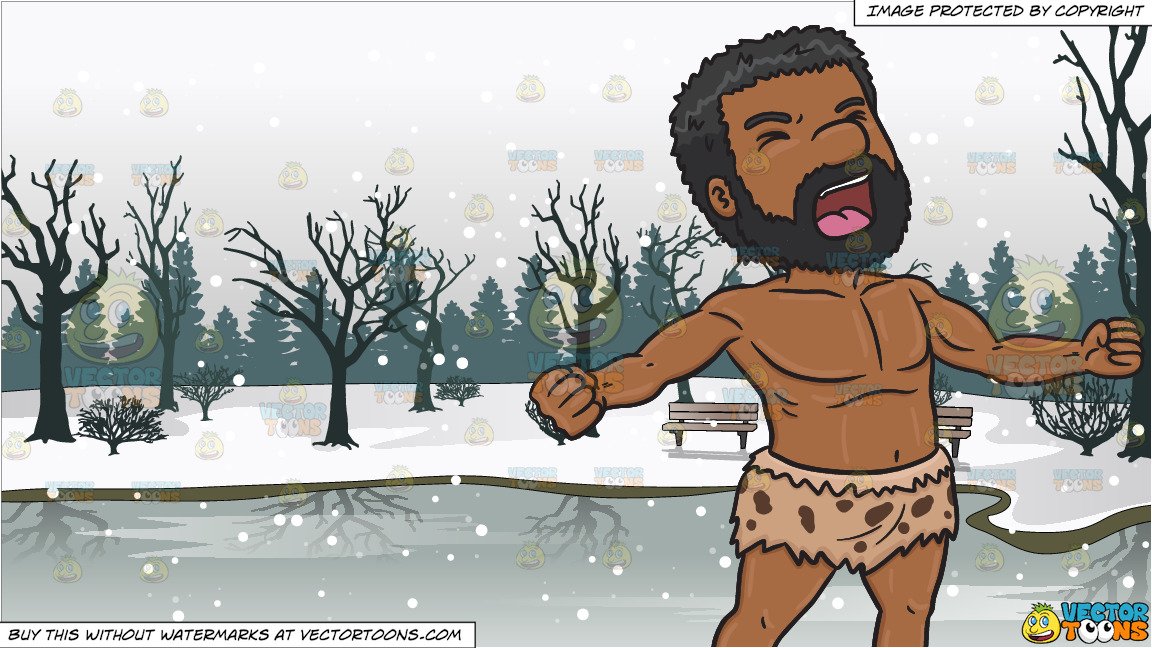 A Black Caveman Letting Out His Frustrations and Frozen Pond In A Park  Background