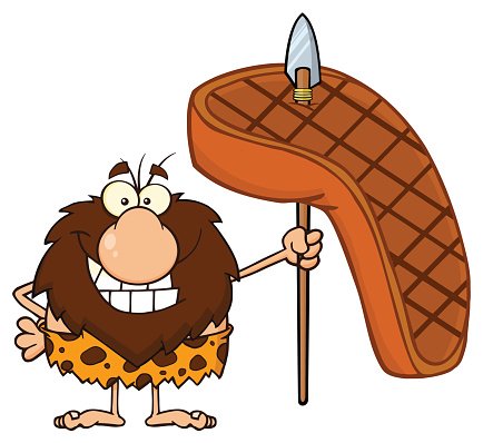 Happy Caveman Holding A Spear With Big Grilled Steak Clipart