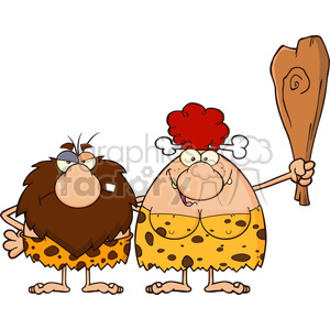 Caveman couple cartoon mascot characters with red hair woman holding a club  vector illustration clipart