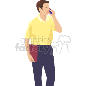 A Man Talking on a Cell Phone Holding a Book clipart