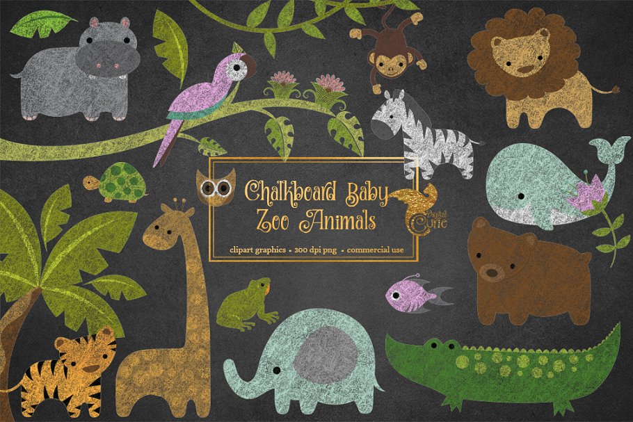 Chalkboard Baby Zoo Animals Clipart