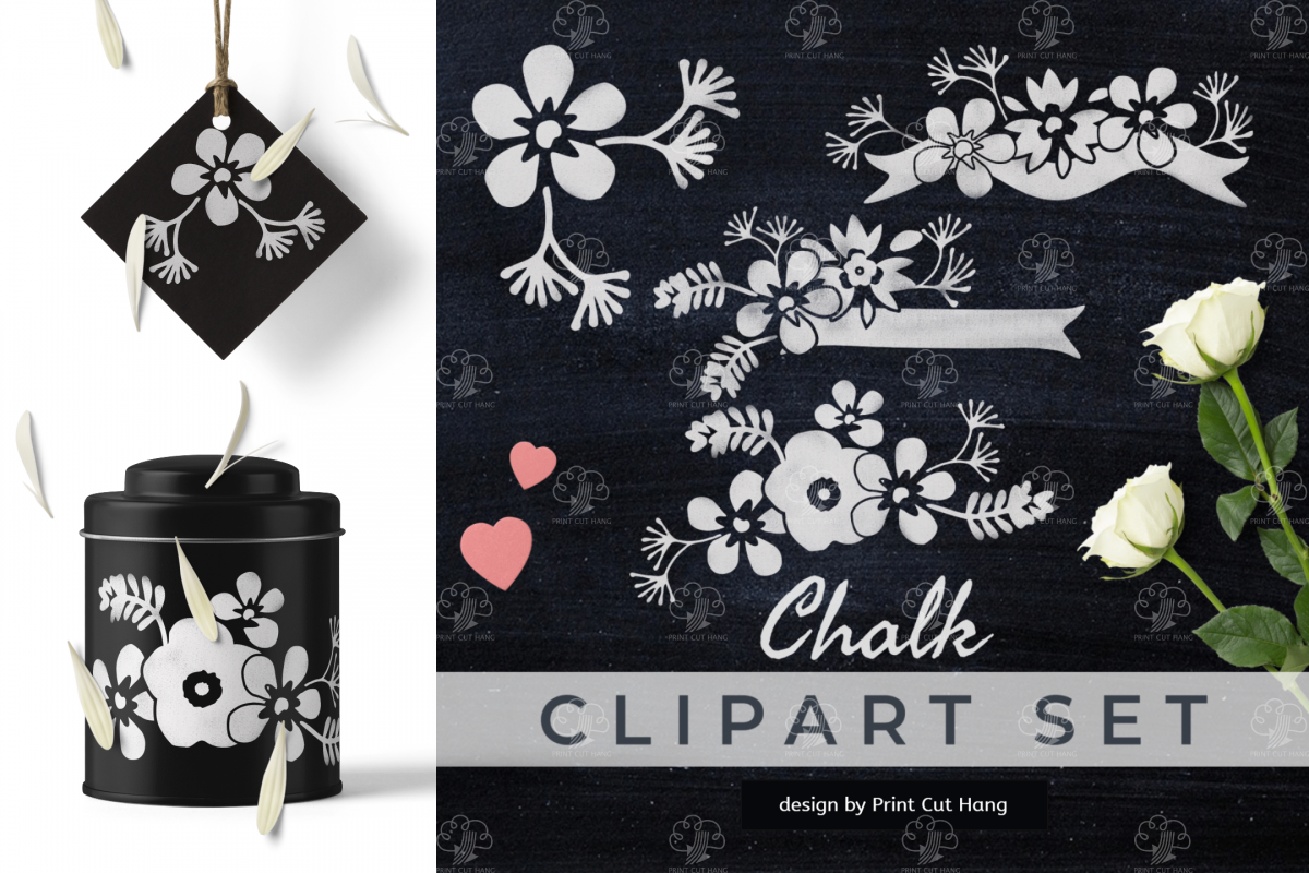 Chalk Clipart Set White Flowers and Retro Ribbons Chalkboard