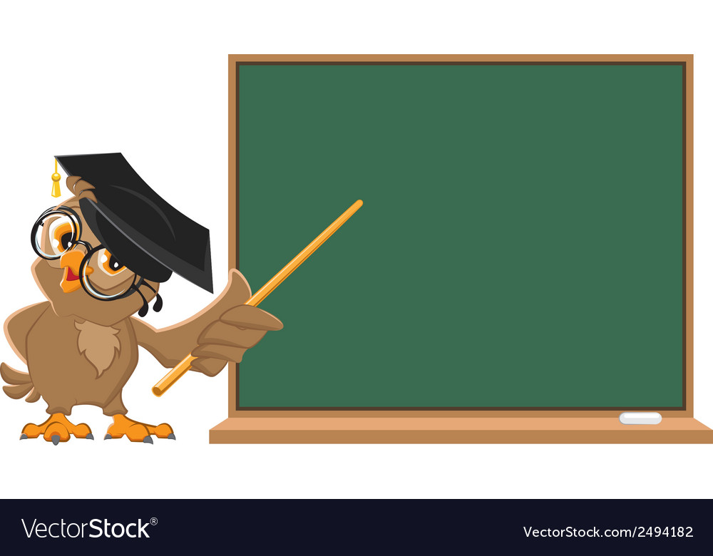 Owl teacher holding pointer at blackboard