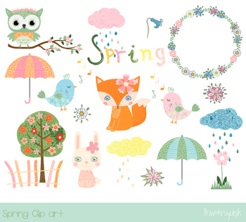 Cute spring clipart set, Spring animal character clip art, fox, owl, bunny,  bird