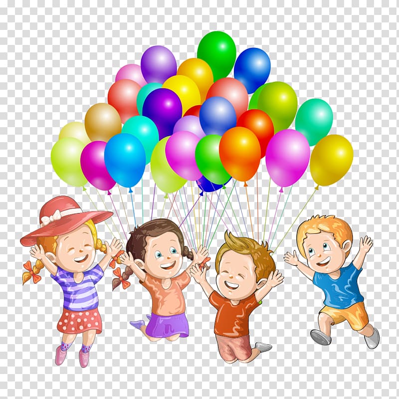 Four children holding balloons , Child Illustration