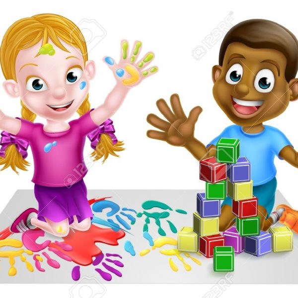 Two Kids Playing With Paints And Toy Building Blocks Royalty