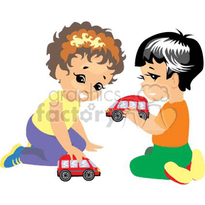 Two Small Boys Playing Cars Together clipart