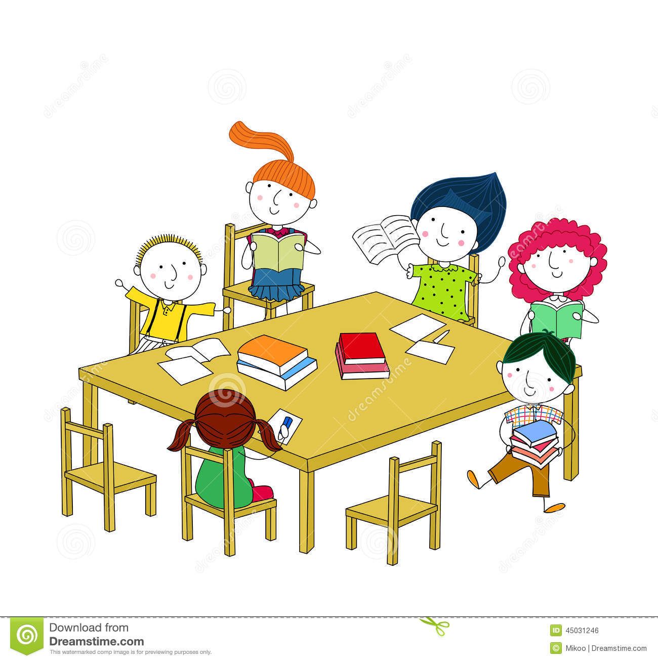 Kids sitting at table disracting others cartoon