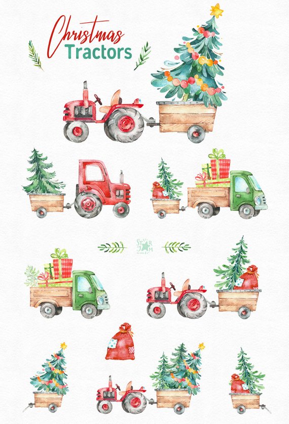 Christmas tractors watercolor.