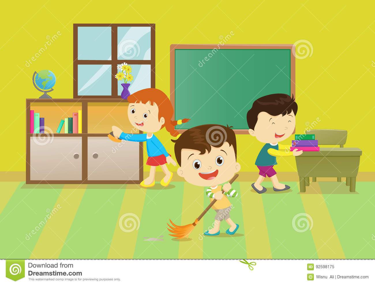 Children cleaning the classroom clipart