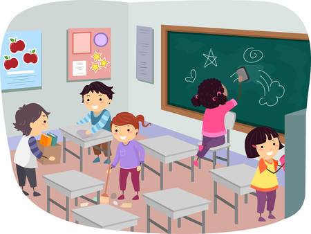 Students cleaning classroom clipart