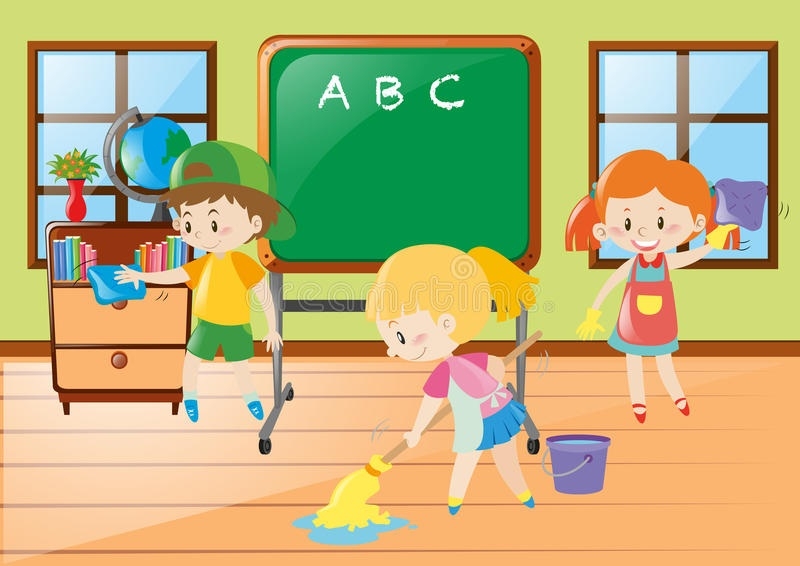 Kids cleaning classroom.
