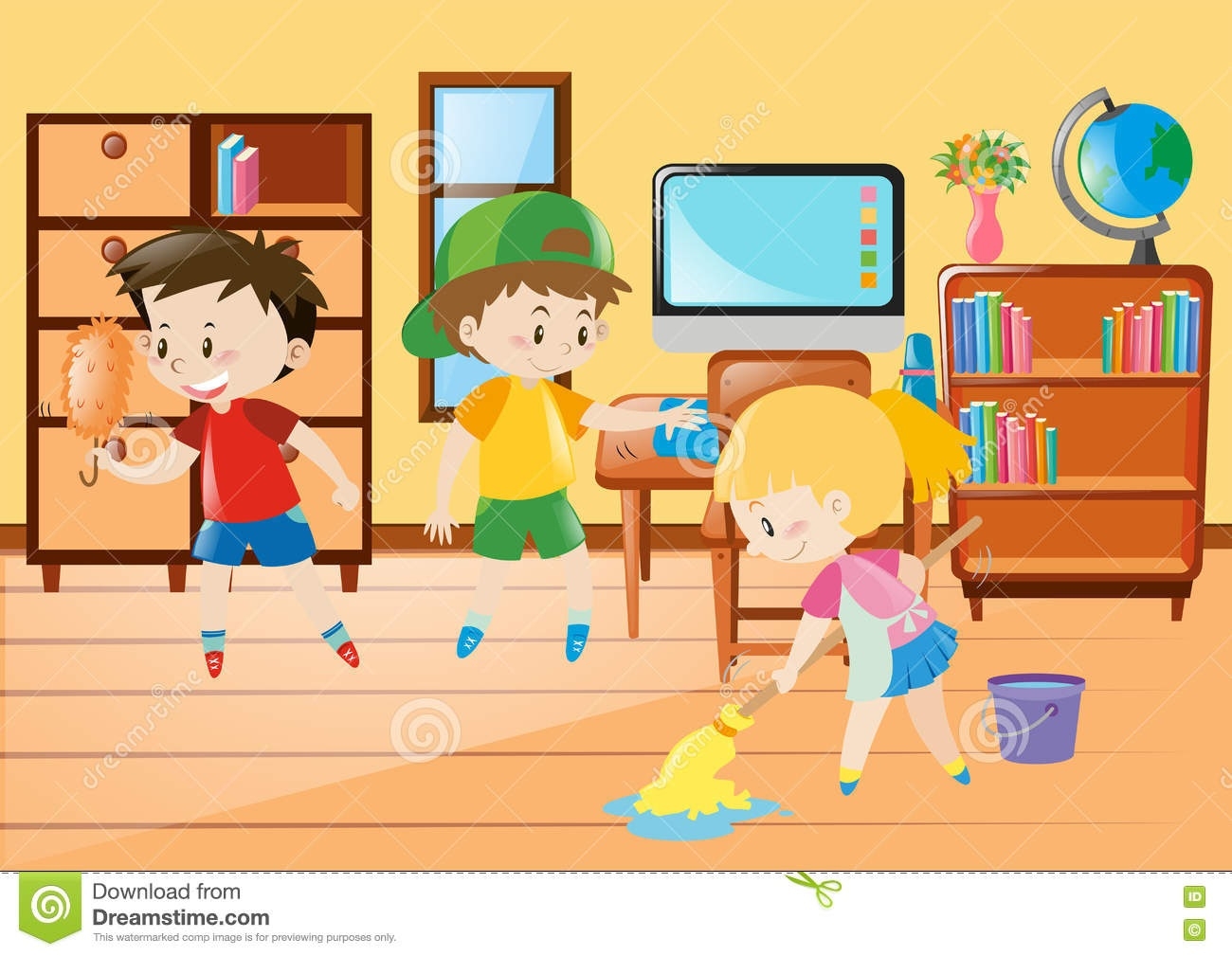 Kids cleaning classroom.