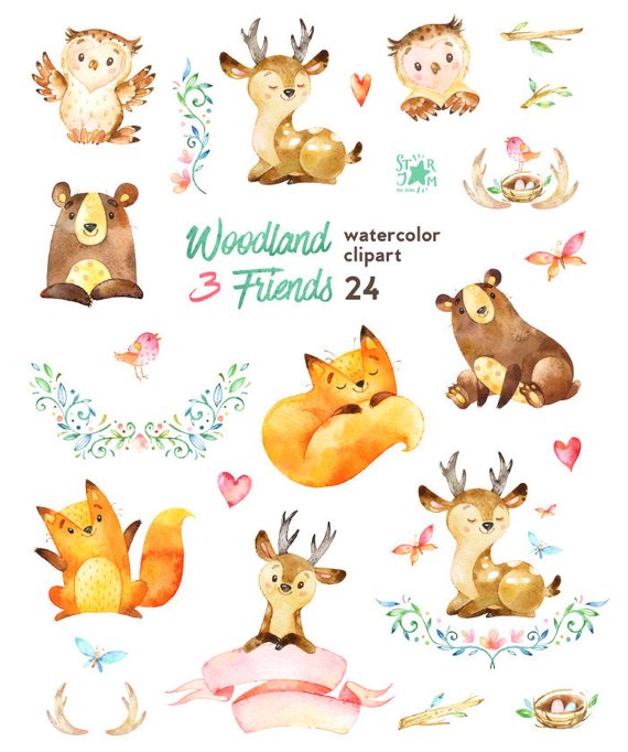 Woodland friends watercolor.