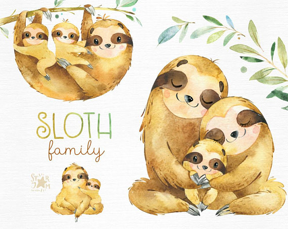 Sloth family watercolor.