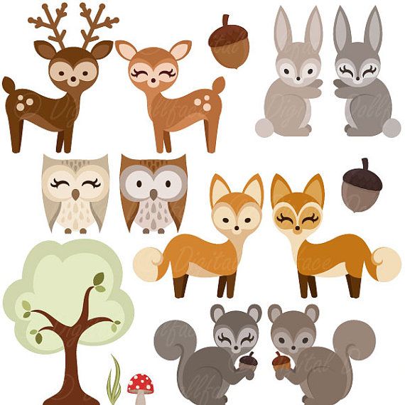 Woodland Forest Animal Clipart, Owl, Deer, Fox, Squirrel