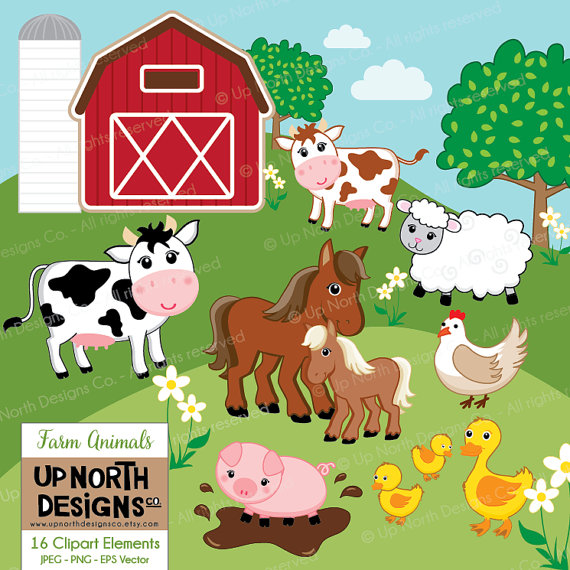 Farm Animals Clipart Cow Horse Duck Sheep Pig Illustrations