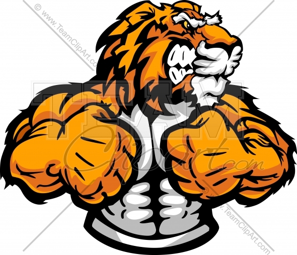 Tiger Mascot in Flexed Arm Wrestling Pose