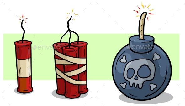 Cartoon Red Dynamite and Bomb with Wick Vector Set