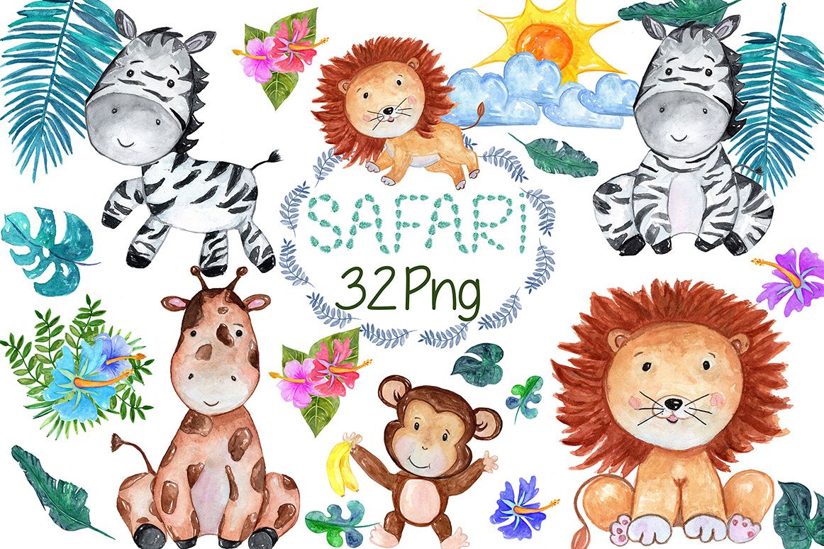 Watercolour Safari animals clip art