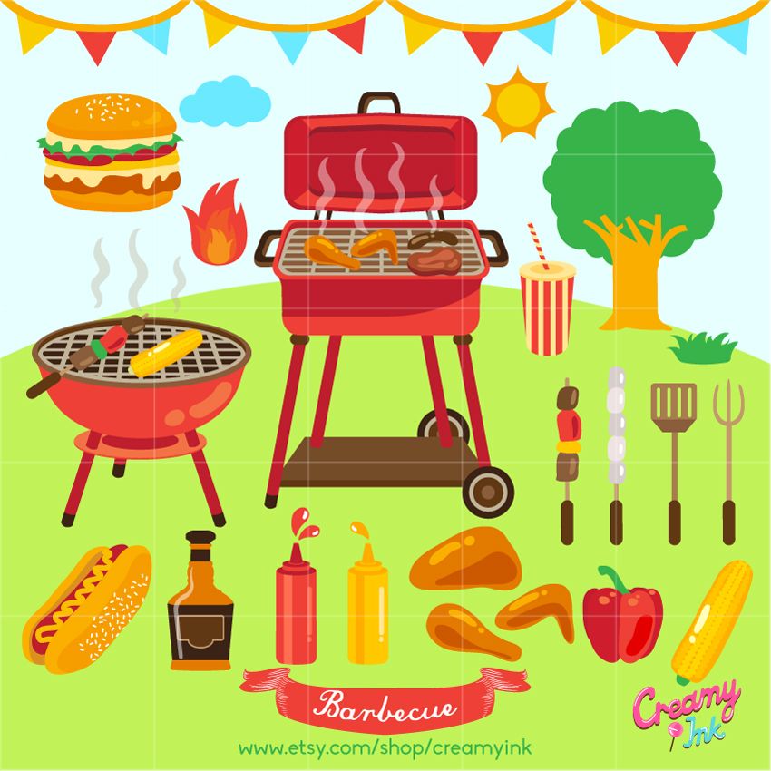 Summer Barbecue clip art featuring grill, hamburger, hotdog