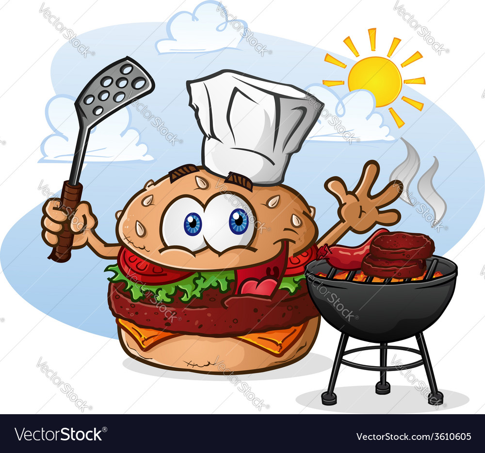 Burger Chef Grilling Cartoon Character vector image