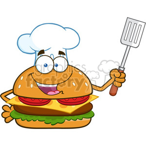Illustration chef burger cartoon mascot character holding a slotted spatula  vector illustration isolated on white background clipart