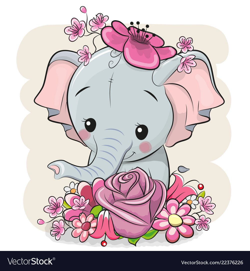Cartoon elephant with flowerson a white background